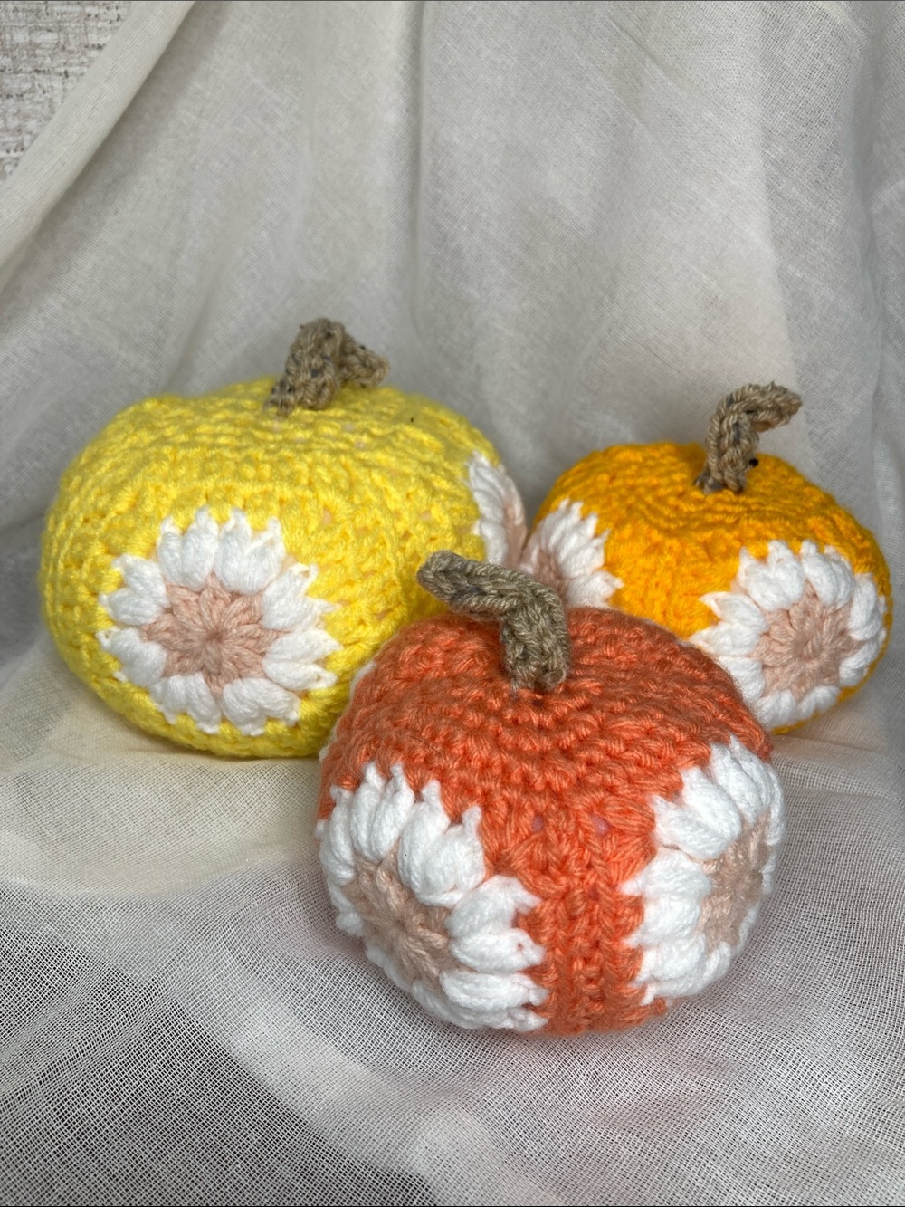 Handmade Crochet Pumpkin Trio - Yellow, Peach & Goldenrod